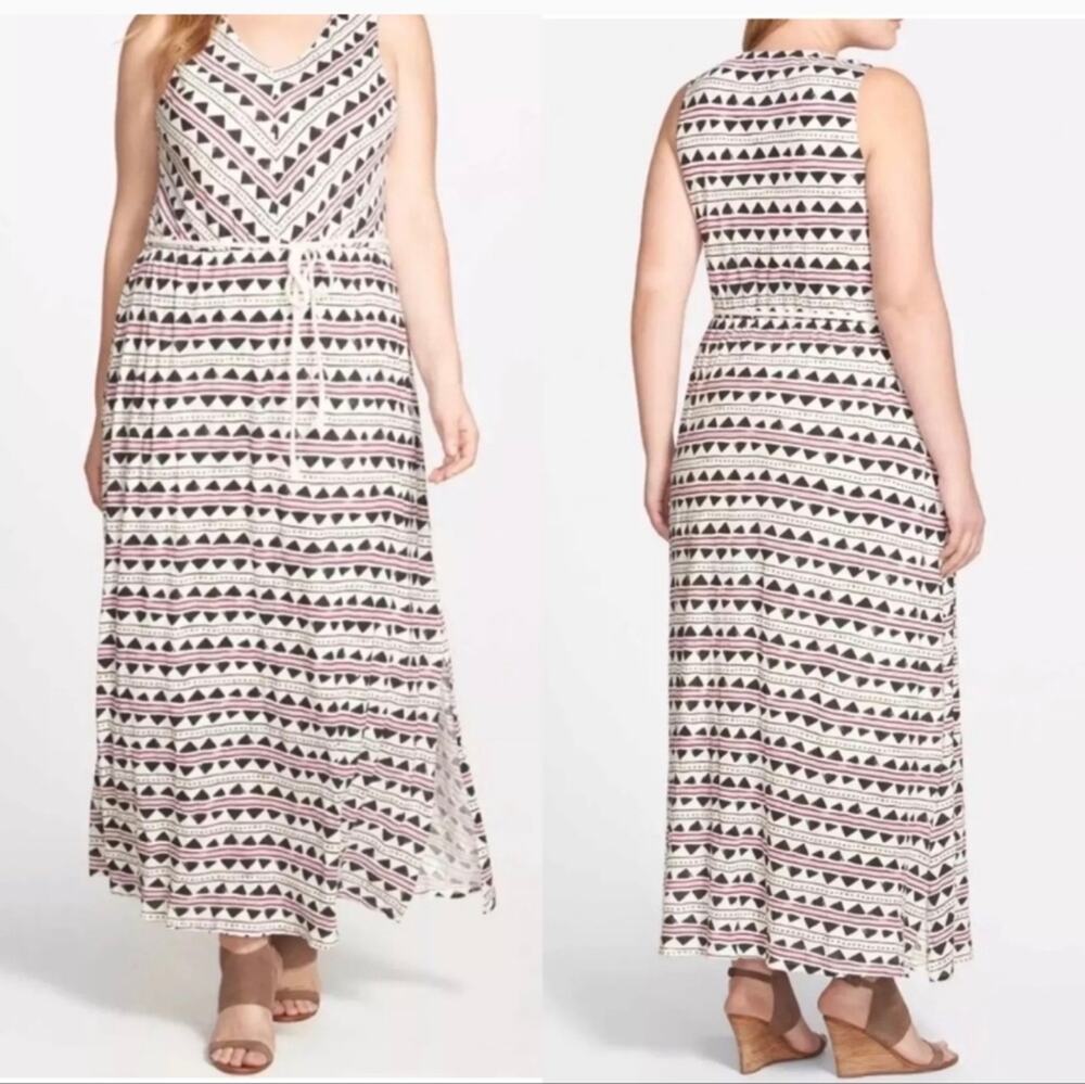 Lucky Brand Geometric Tribal Print Bohemian Festival Belted V Neck Maxi Dress